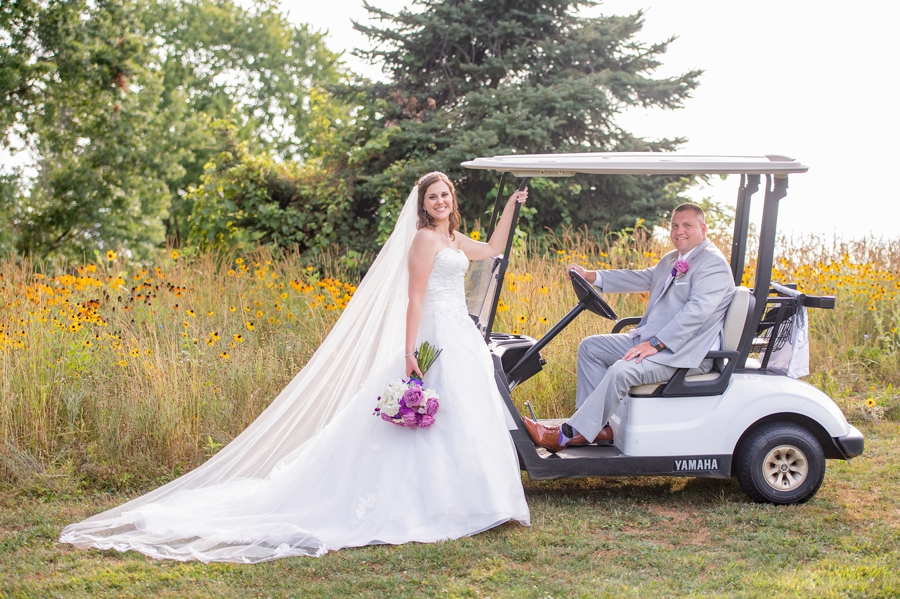 bride & groom with golf cart