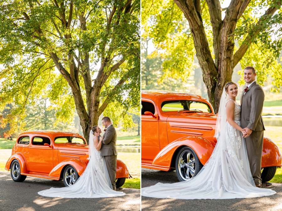 orange vintage car wedding photos 