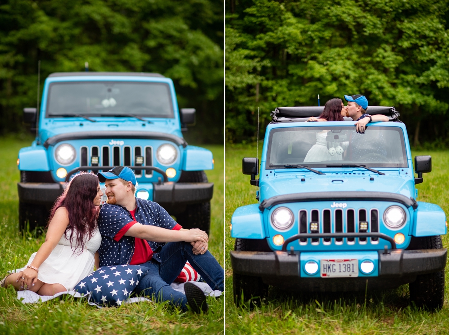 engagement session with blue jeep 