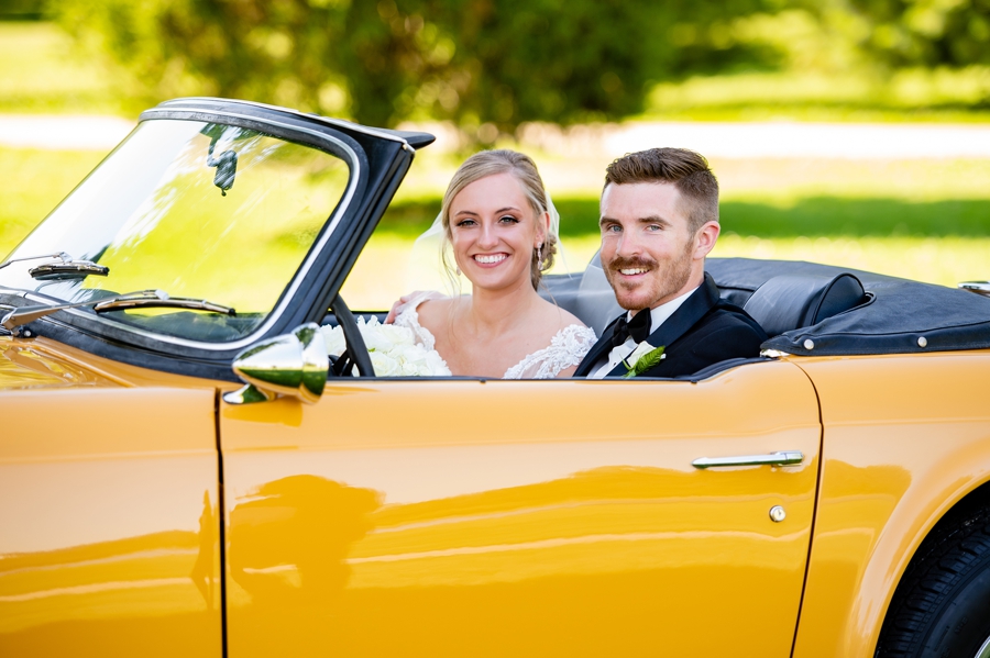 yellow vintage car bride and groom 