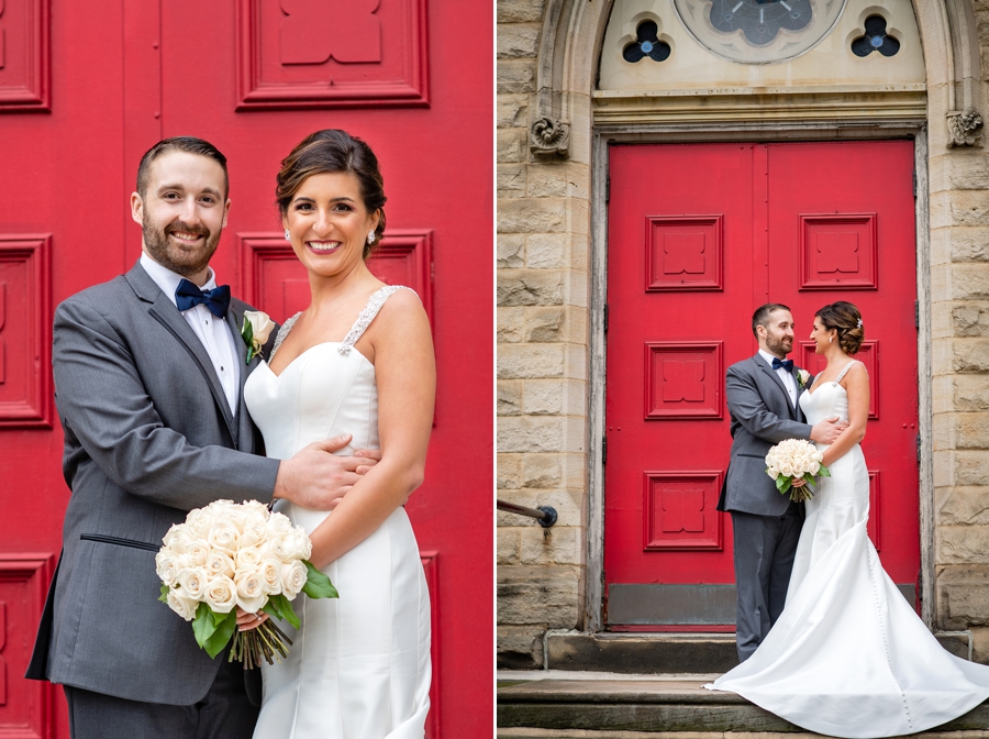 old stone chapel wedding red door 