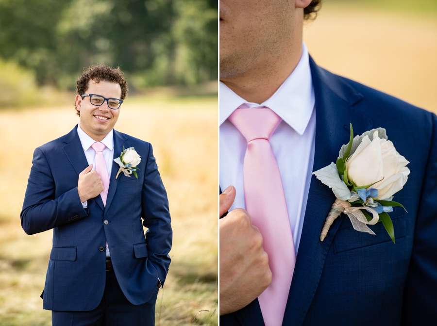 blue and pink groom's suit 
