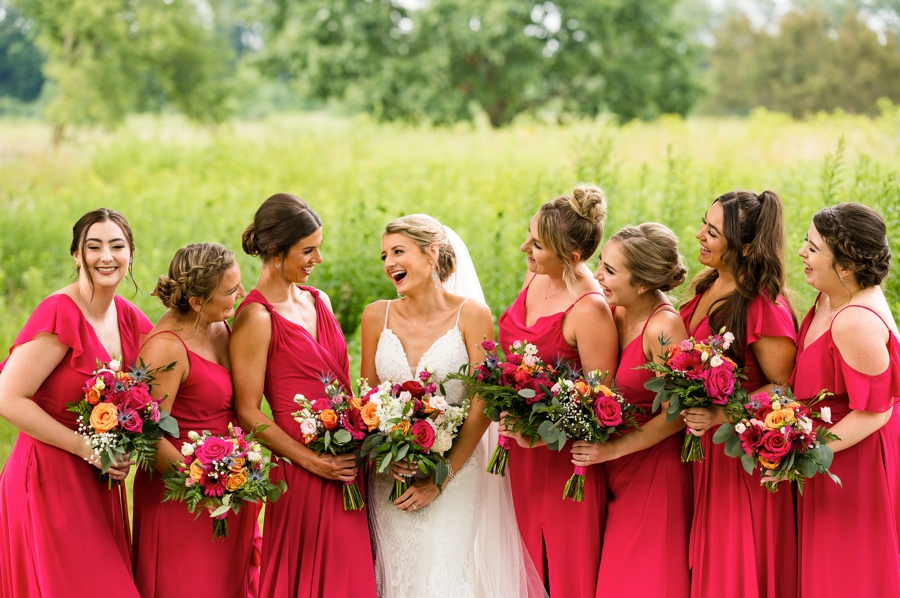 bridesmaids in hot pink dresses 